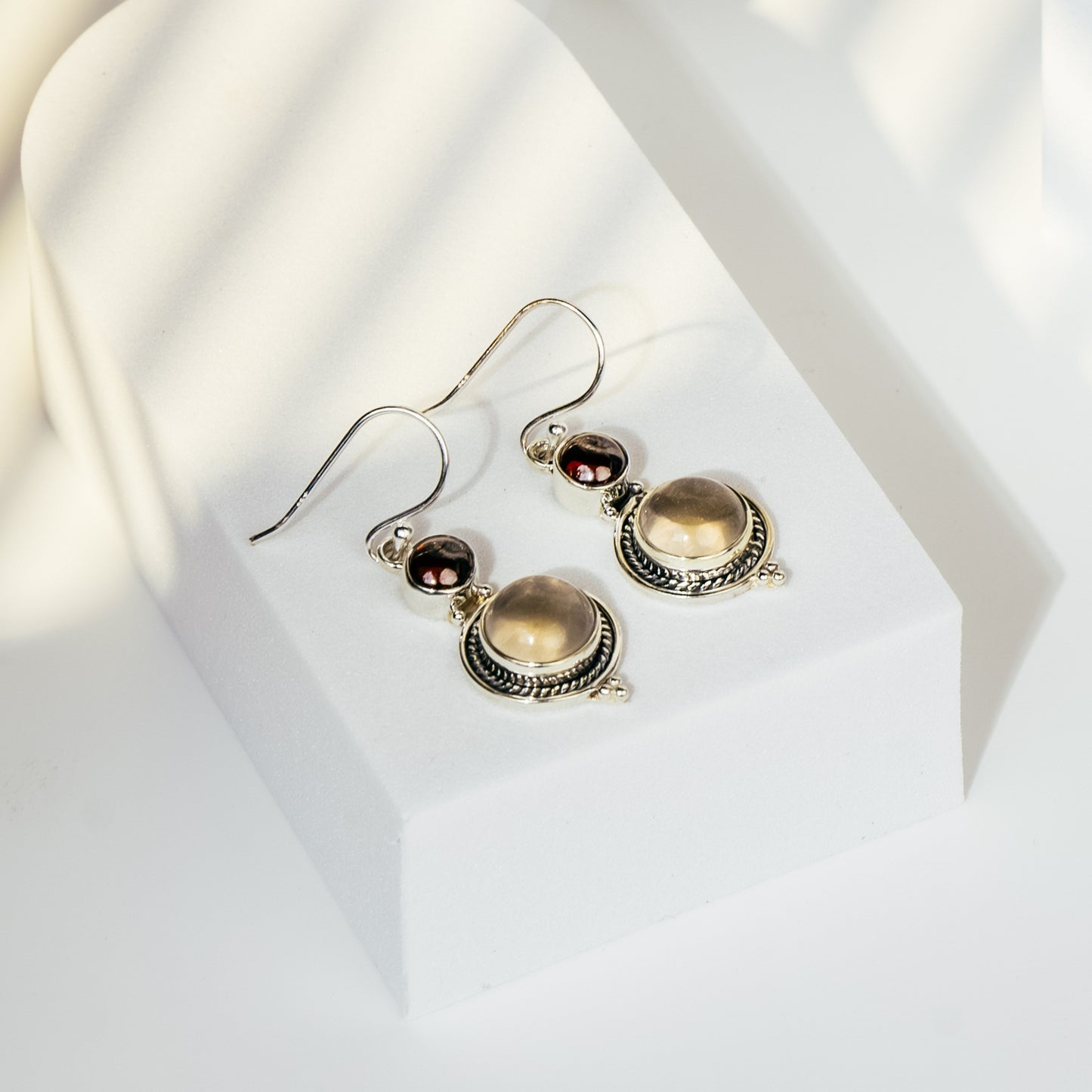 Garnet, Rose Quartz Earring